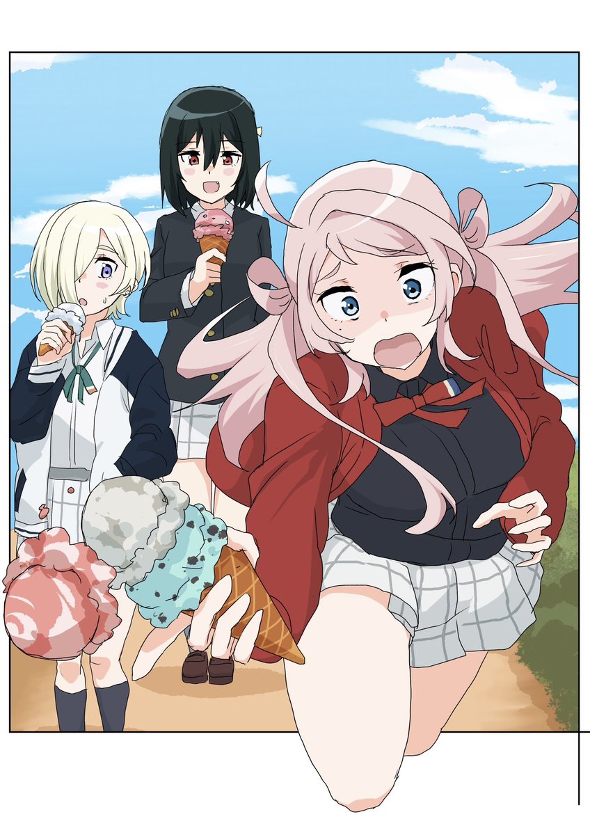 multiple girls ice cream food school uniform 3girls pink hair black hair  illustration images