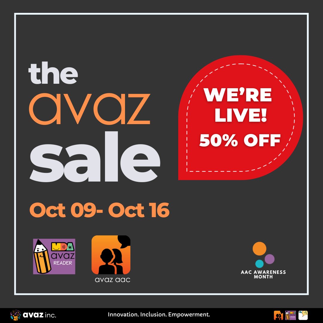 avazapp's tweet image. The Avaz Sale is Live! 🎉
Avaz AAC and Avaz Reader are now 50% off in honor of AAC Awareness Month.

Purchase here: avazapp.com/blog/the-avaz-…

#avazaac #avazapp #avazreader #avazsale 
#discounts