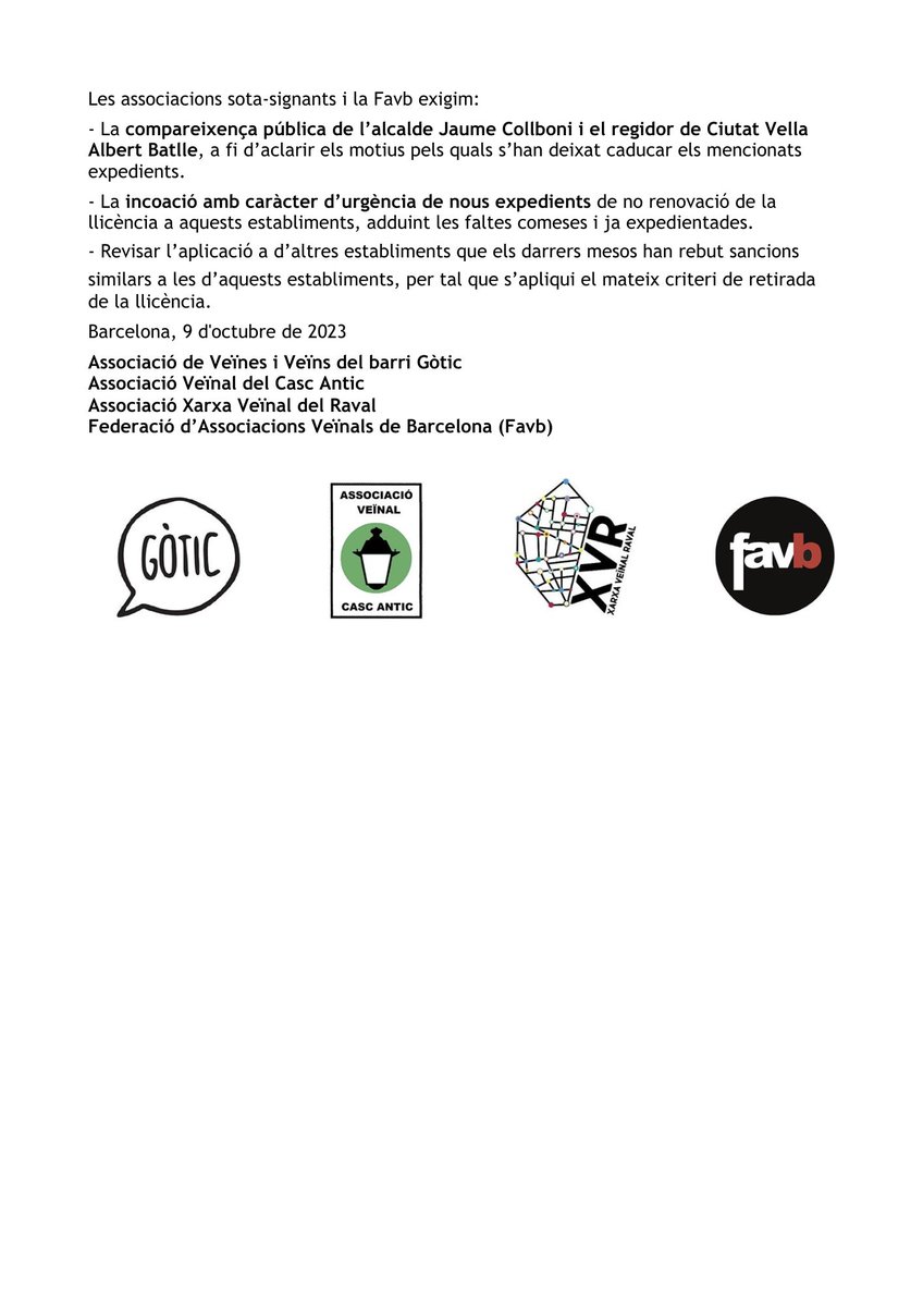 Associació de Veïnes i Veïns del barri Gòtic (@avvbarrigotic) on Twitter photo 🔴 COMUNICAT
L'Ajuntament deixa caducar els expedients de retirada de terrasses contra 33 establiments reiteradament incomplidors.
Forts contra els dèbils, i dèbils amb els forts. 🔴 COMUNICAT
L'Ajuntament deixa caducar els expedients de retirada de terrasses contra 33 establiments reiteradament incomplidors.
Forts contra els dèbils, i dèbils amb els forts.