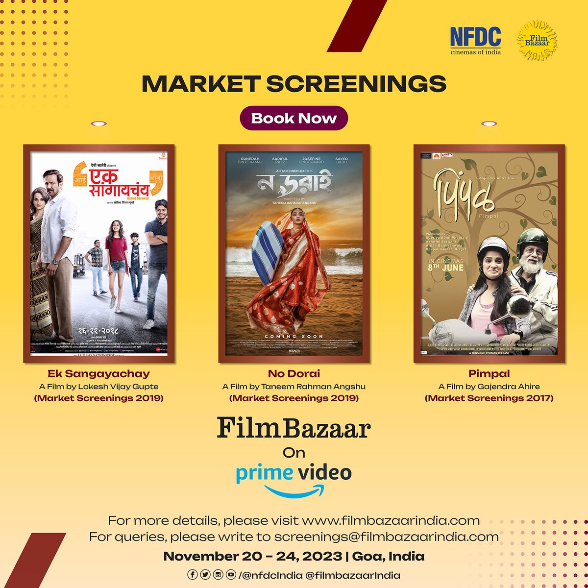 Have you booked a SLOT yet? Deadlines approaching soon for #MARKETSCREENINGS. Book now and get your film viewed by a wide variety of audiences: international distributors, aggregators, producers, film festival programmers. Visit filmbazaarindia.com. #NFDC #FilmBazaarIndia