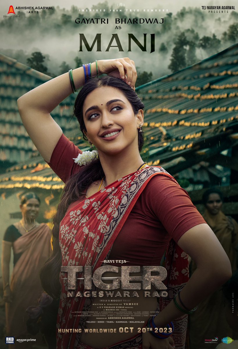 Introducing @gaya3bh as #Mani from #TigerNageswaraRao - 𝙏𝙃𝙀 𝙇𝙄𝙁𝙀 𝙊𝙁 𝙏𝙄𝙂𝙀𝙍 𝙉𝘼𝙂𝙀𝙎𝙒𝘼𝙍𝘼 𝙍𝘼𝙊 🔥 3rd Single Update soon 🥁 In Cinemas Oct 20th 🥷 @RaviTeja_offl @DirVamsee @AnupamPKher @AbhishekOfficl @NupurSanon #RenuDesai @Jisshusengupta @gvprakash