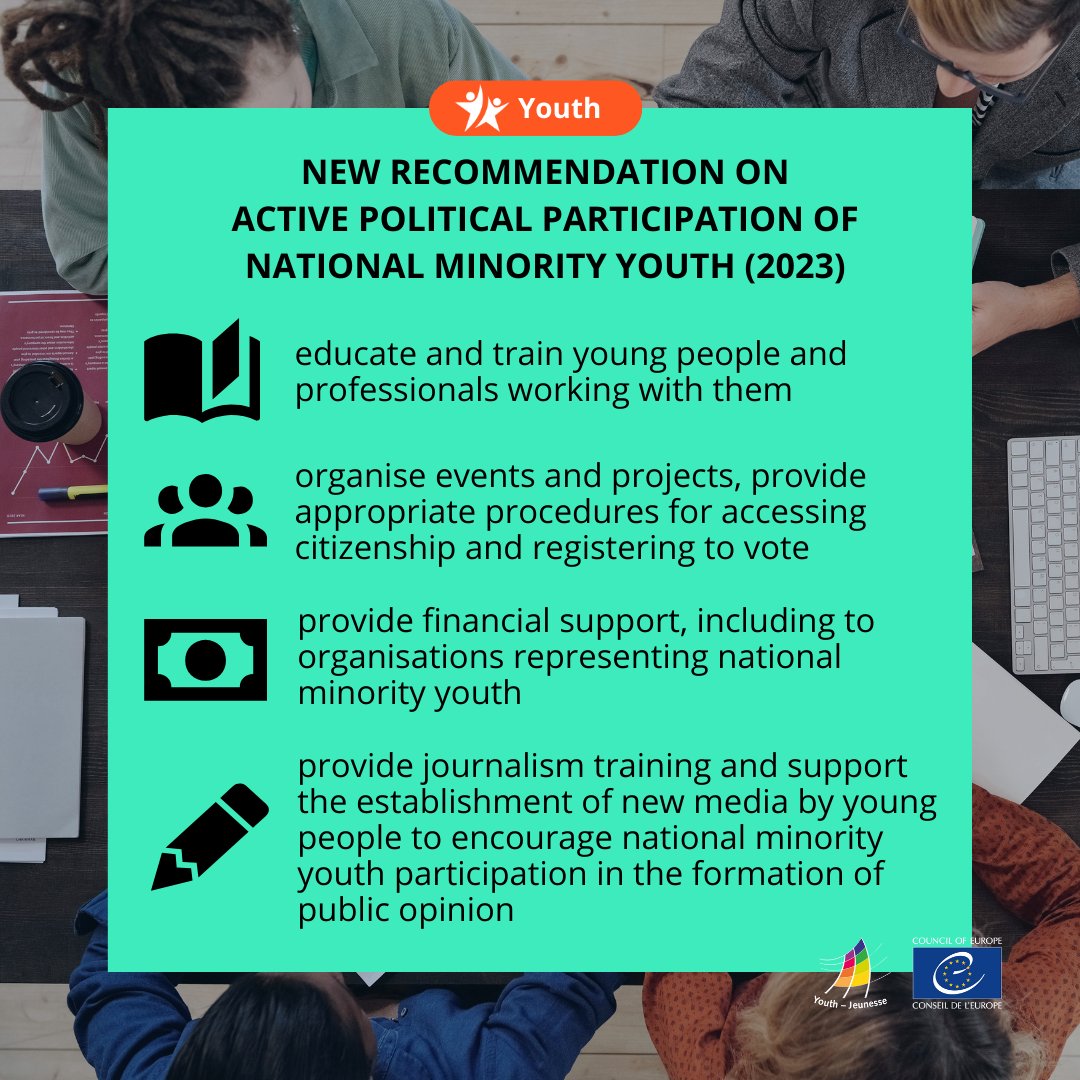 A new #Recommendation on facilitating the active political participation of national minority youth has been adopted by the Committee of Ministers of the @coe! To learn more about this Recommendation, click on the link here: go.coe.int/IxCaB