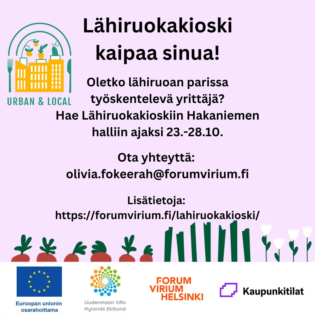 Hoi kaikki Uudenmaan alueen lähiruokayrittäjät! 

💥 Nyt olisi tarjolla tilaa #Hakaniemenkauppahalli'n Lähiruokakioskissa 23.-28.10.! Ota yhteyttä!💥
 
forumvirium.fi/lahiruokakiosk…