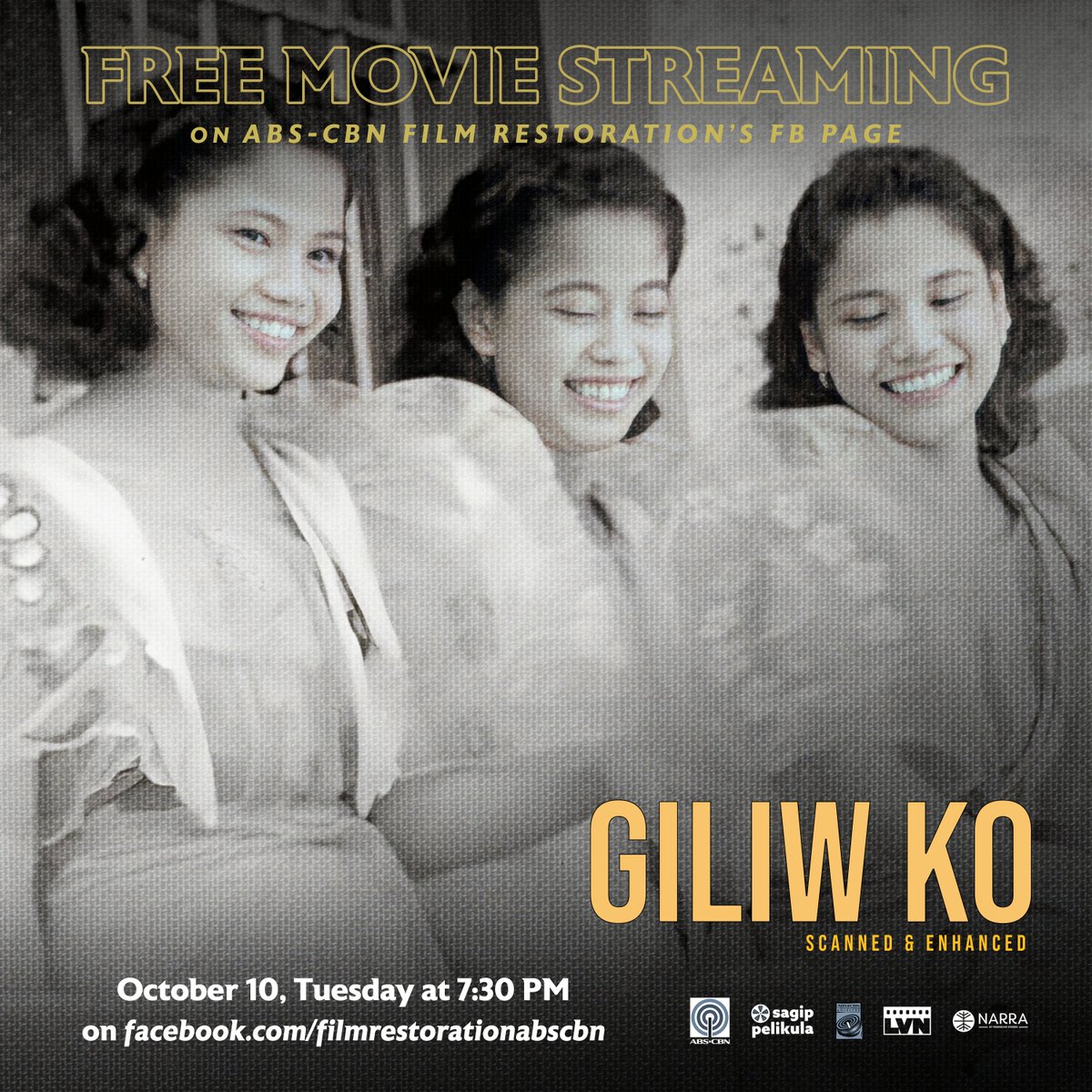 SagipPelikula's tweet photo. FREE STREAMING!
Watch the #SSSTrio (Remedios Silos, Dolores Silos, and Lourdes Silos) with The #LVN's Symphony Orchestra & Rondalla in the 1939 LVN classic film #GiliwKo!
Join us on Oct. 10, Tue at 7:30PM visit https://t.co/SqbLJvefaw to stream for FREE!
#SagipPelikula https://t.co/G8efDzJhKP