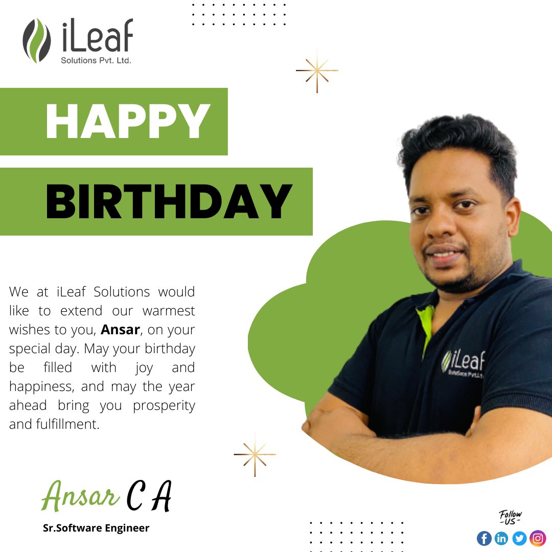 iLeafSolutions's tweet image. Happy Birthday, Ansar C.A! 🎉 Wishing you a day filled with joy, success, and wonderful moments. Your contributions to iLeaf Solutions are truly appreciated. Here&apos;s to another year of growth and achievements! 🥳🎂

#HappyBirthday #iLeafSolutions