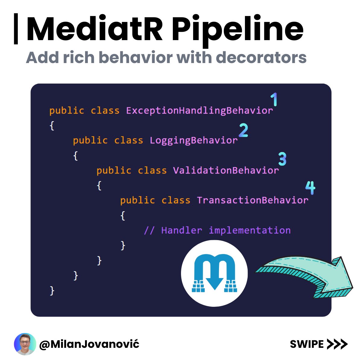 mjovanovictech's tweet photo. Do you know how the MediatR 𝗿𝗲𝗾𝘂𝗲𝘀𝘁 𝗽𝗶𝗽𝗲𝗹𝗶𝗻𝗲 works?

It can be a game-changer for your application.

Each request sent using MediatR goes through a custom request pipeline.

This gives you the power to define custom behavior before or after each request.

This is similar to how ASP .NET Core middleware works.

You create a class implementing the IPipelineBehavior interface and register it with MediatR.

A few things I used pipeline behaviors for:

- Logging
- Validation
- Transactions
- Exception handling
- Performance measurements

So, you can implement any cross-cutting concern using this approach.

It's essential to configure the pipelines in the specific order you want them to run.

Otherwise, you will get unexpected behavior.

I think MediatR pipelines are very versatile and allow you to define rich behavior around requests.

P.S. If you liked this, consider joining The .NET Weekly - my newsletter with 29,000+ engineers that teaches you how to improve at .NET and software architecture.

Subscribe here → https://t.co/S3OBDGSLNl

Are you using the MediatR library in your applications?
