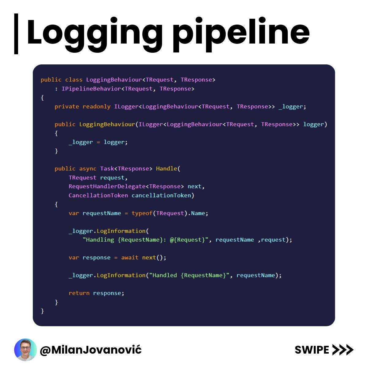 mjovanovictech's tweet photo. Do you know how the MediatR 𝗿𝗲𝗾𝘂𝗲𝘀𝘁 𝗽𝗶𝗽𝗲𝗹𝗶𝗻𝗲 works?

It can be a game-changer for your application.

Each request sent using MediatR goes through a custom request pipeline.

This gives you the power to define custom behavior before or after each request.

This is similar to how ASP .NET Core middleware works.

You create a class implementing the IPipelineBehavior interface and register it with MediatR.

A few things I used pipeline behaviors for:

- Logging
- Validation
- Transactions
- Exception handling
- Performance measurements

So, you can implement any cross-cutting concern using this approach.

It's essential to configure the pipelines in the specific order you want them to run.

Otherwise, you will get unexpected behavior.

I think MediatR pipelines are very versatile and allow you to define rich behavior around requests.

P.S. If you liked this, consider joining The .NET Weekly - my newsletter with 29,000+ engineers that teaches you how to improve at .NET and software architecture.

Subscribe here → https://t.co/S3OBDGSLNl

Are you using the MediatR library in your applications?