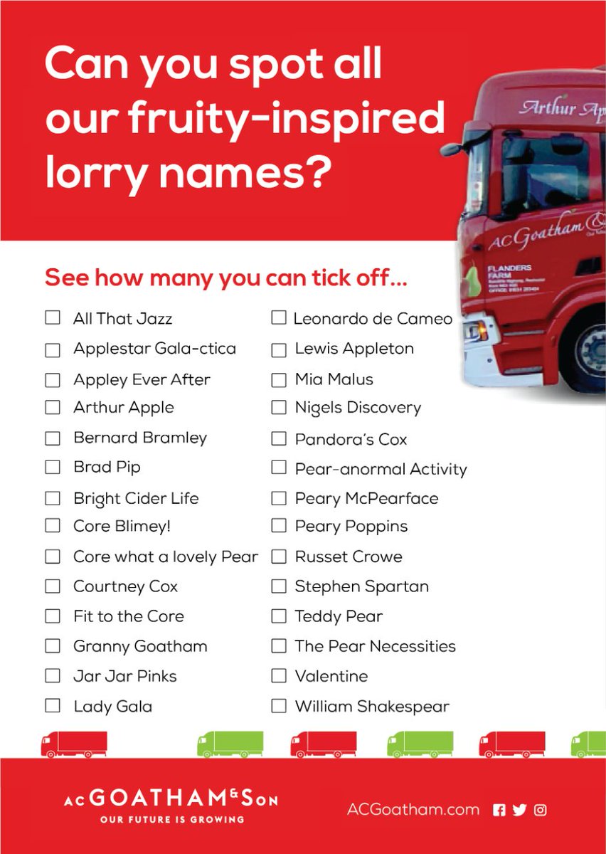 📣 Calling All Lorry Spotters 📣

Have you seen all the names we have on our lorries? Use this list to see if you can spot them all!

#Lorry #SpotTheLorryNames