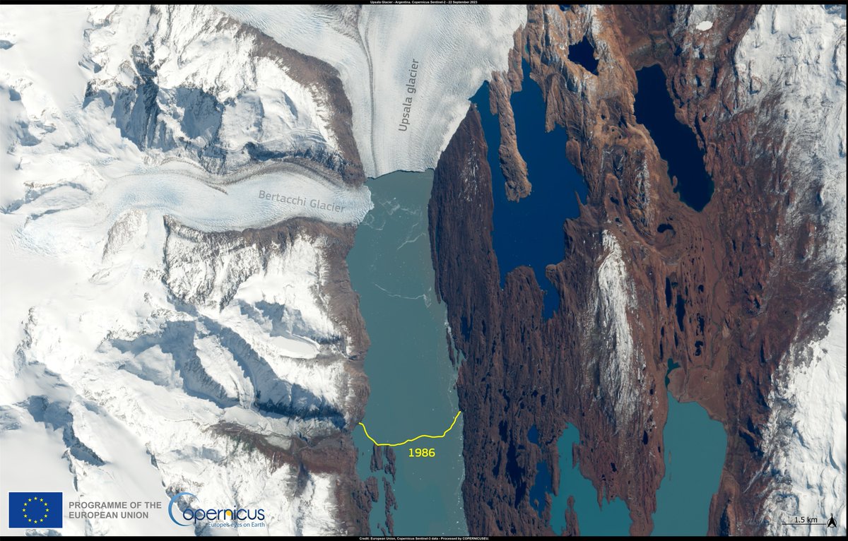 #ImageOfTheDay 

The #Upsala Glacier (#Argentina 🇦🇷) is the third largest #glacier 🧊 in the Southern Patagonian Ice Field

Since 1986, it has retreated over 9 km 📉 because of the rising temperatures ♨️

⬇️#Copernicus #Sentinel2 🇪🇺🛰️image of 22 September