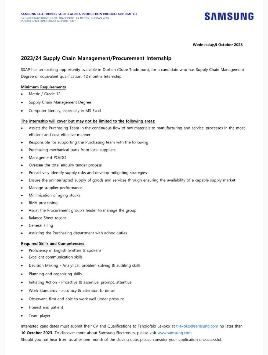 Nkuzi Ya Mananga (@rmakukuli) on Twitter photo Samsung - Durban
📌Supply Chain Management/ Procurement Internship
Closing Date 10 October 2023
Email your CV to t.lekoko@samsung.com Samsung - Durban
📌Supply Chain Management/ Procurement Internship
Closing Date 10 October 2023
Email your CV to t.lekoko@samsung.com