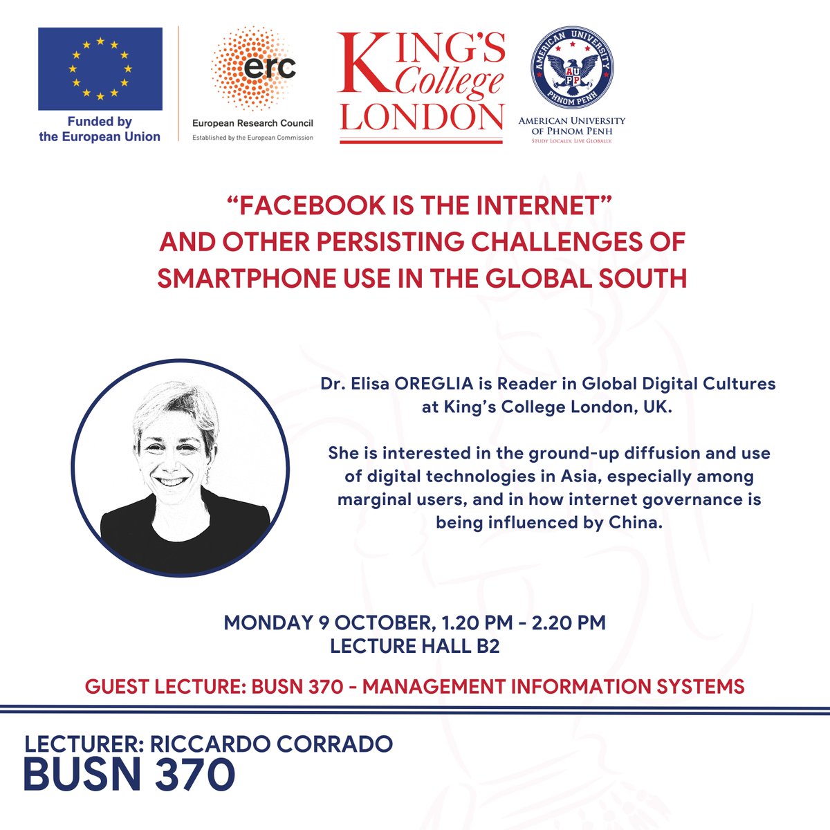 Digisilk_kcl's tweet image. Thrilled to be at the American University of Phnom Penh! Our principal investigator Dr Elisa Oreglia is delivering a guest lecture today on "Facebook as the Internet & Other Persisting Challenges of Smartphone Use in the Global South." #AUPP #DigitalSouth #SmartphoneUse #DIGISILK