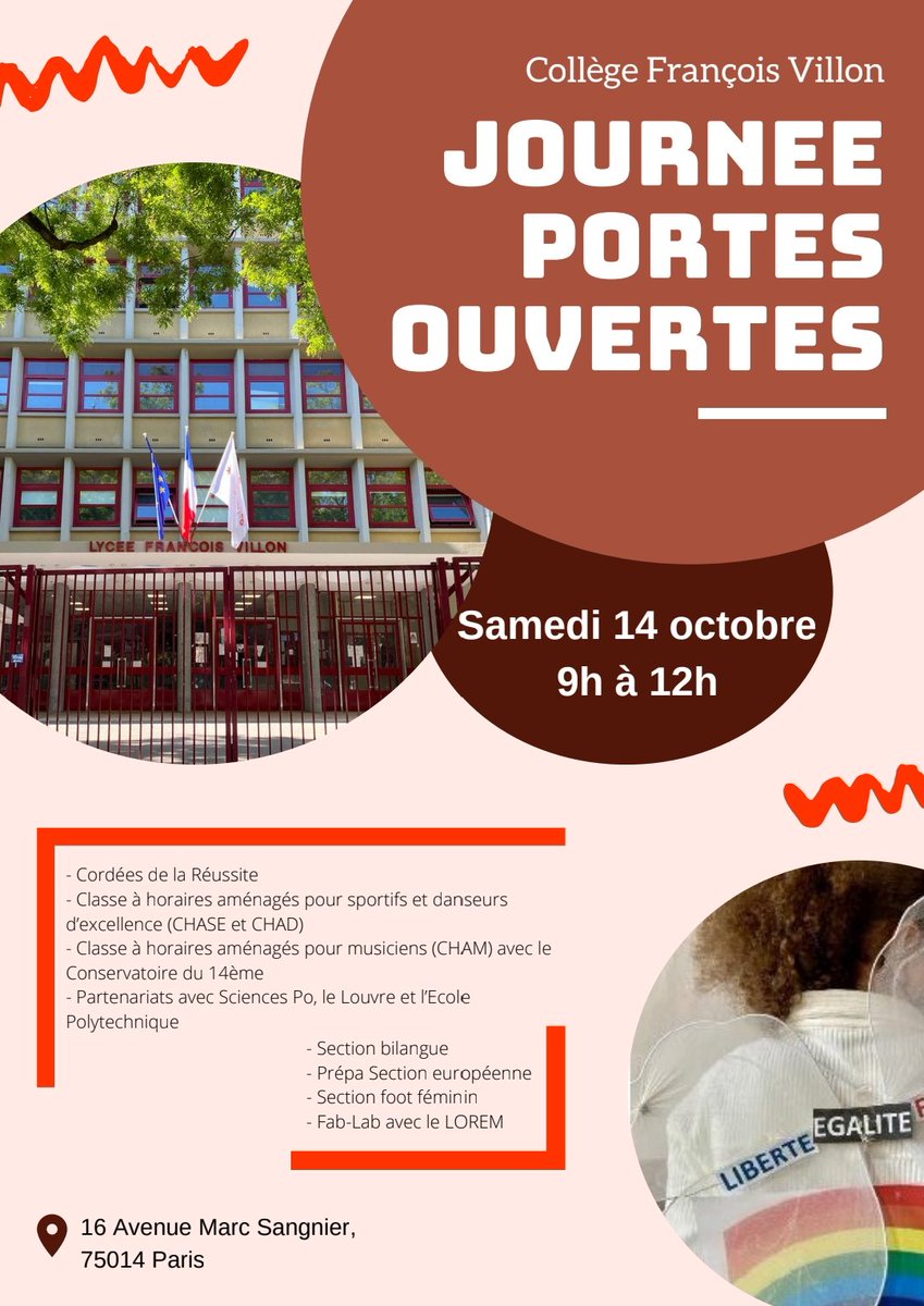 Ce samedi portes ouvertes au <a href="/VillonCollege/">Collège François Villon</a>! Venez nombreux découvrir notre collège, ses classes à horaires aménagés, ses sections, cordées et partenariats. Nous serons là pour vous accueillir et répondre à toutes vos questions !