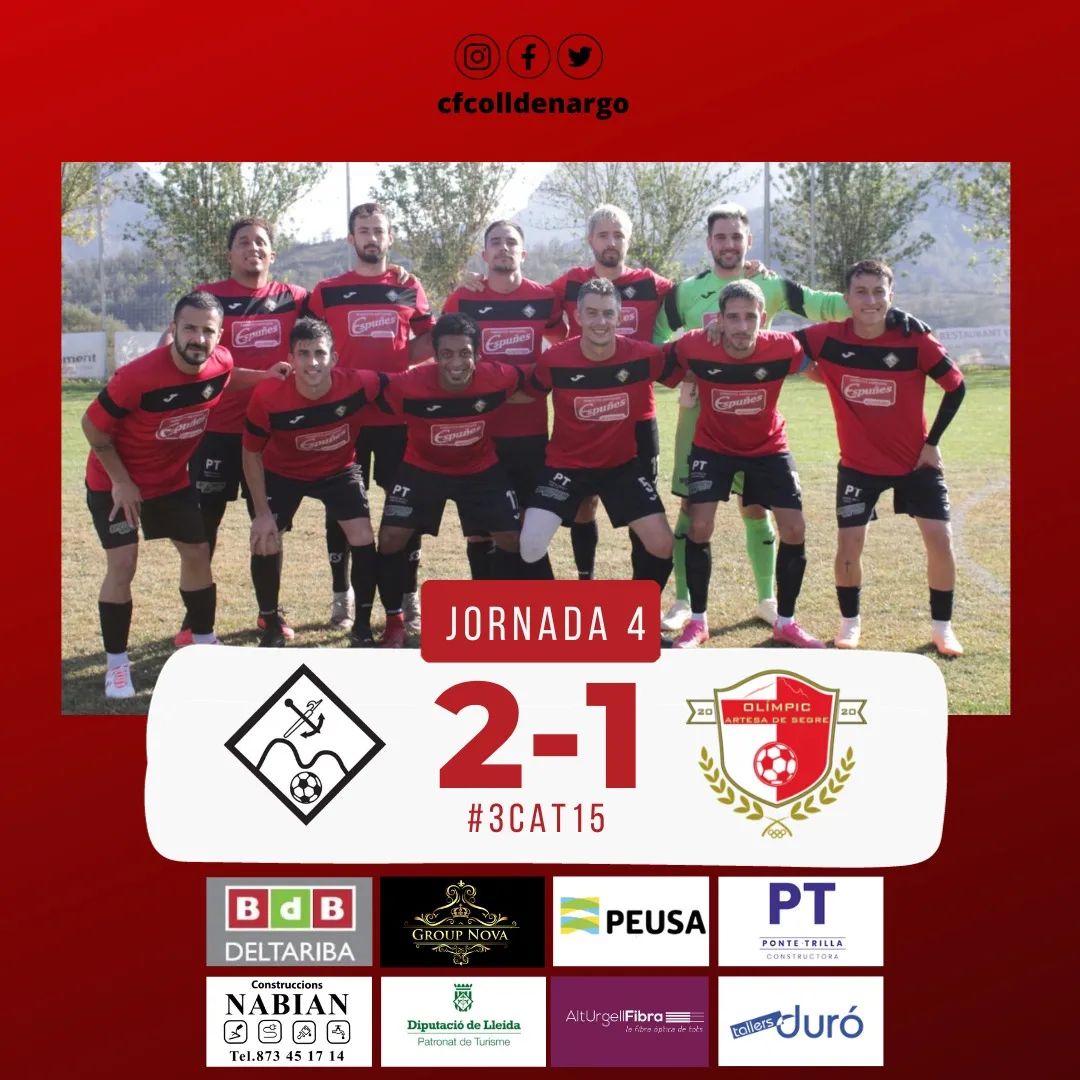 cfcolldenargo's tweet photo. CF Nargó 2-1 Olímpic Artesa

Tres punts més per refermar el bon inici de campionat!

Diumenge vinent, més de dues dècades després, tornarem a tenir derbi a la lliga visitant el @cforganya. Us hi esperem!!!

⚽ Marc i Paquito

Aupa Nargó!

🔴⚫🔴

#colldenargo
#alturgell
#3cat15 https://t.co/G6M56ZdDXc