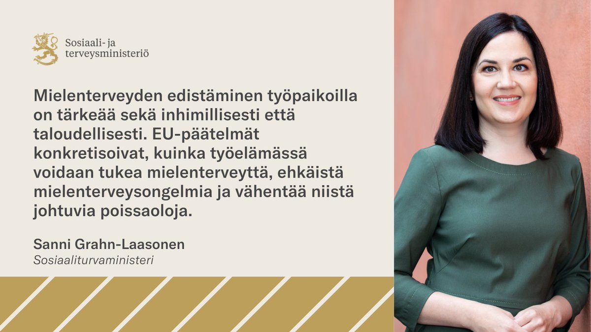 🇪🇺 EU-ministerien kokousaiheina tänään mm. #mielenterveys ja epävarmat työsuhteet. "Mielenterveyden edistäminen työpaikoilla on tärkeää sekä inhimillisesti että taloudellisesti", sanoo ministeri <a href="/sannigrahn/">Sanni Grahn-Laasonen 🇺🇦</a>. <a href="/TEM_uutiset/">TEM</a> 
stm.fi/-/mielentervey…
