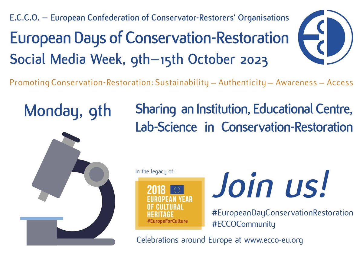 DAY 1
Sharing an institution, Educational Centre, Lab-Science in Conservation Restoration 
This day aims to pay tribute to all institutions and engage in sharing state of the art research and education in CR.
#EuropeanDaysConservationRestoration #ECCOCommunity #EuropeForCulture