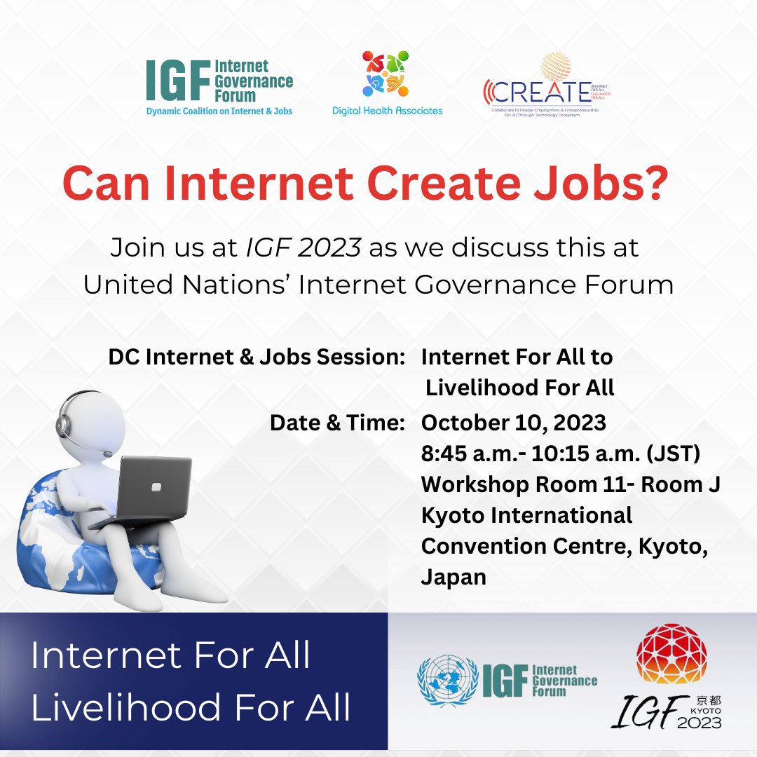 _Project_Create's tweet photo. Today, the Big Challenge lies in #Creating #Jobs &amp; ensuring #LivelihoodforAll through a #Technology Ecosystem.

Join us as we discuss this important topic on October 10, 2023 at 8:45 a.m. (JST) in Workshop Room 11 - Room J, Kyoto International Convention Centre, #Kyoto, #Japan https://t.co/tDHGgNgFzd