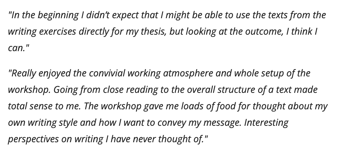 Rowan Deer, PhD (@rowan_deer) on Twitter photo Details of my next writing workshop at the <a href="/CarsonCenter/">Rachel Carson Center</a> are online: carsoncenter.uni-muenchen.de/events_conf_se…
I can't wait to see what everyone achieves in the 2 days📝🚀
Get in touch to book something similar for your institution or research centre :)
Some feedback from the last workshop: Details of my next writing workshop at the <a href="/CarsonCenter/">Rachel Carson Center</a> are online: carsoncenter.uni-muenchen.de/events_conf_se…
I can't wait to see what everyone achieves in the 2 days📝🚀
Get in touch to book something similar for your institution or research centre :)
Some feedback from the last workshop: