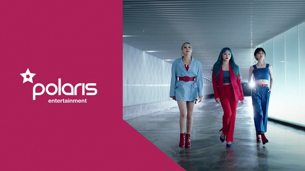 Promotional graphic for "polaris entertainment" featuring three women walking down a lit corridor, with pink and teal outfits.