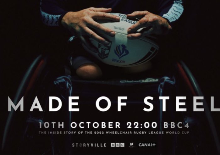 Just one day now until MADE OF STEEL hits BBC4 in @bbcstoryville's latest season. Amazing work by @noahmediagroup The film is a look inside the story of the 2022 Wheelchair Rugby League World Cup, starring the teams from @EnglandWhRL and France as they battle for the trophy. 🏉📽️