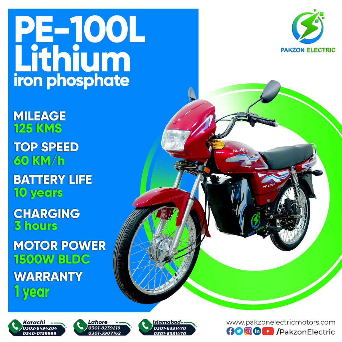 PakzonElectric's tweet photo. PE-100L

Top Speed: 60km/h
Mileage: 115 to 125kms
Battery Life: 8 to 10yrs
Battery Type: Lithium Iron Phosphate  (60V 30Ah)
Battery Warranty: 1yr
Charging Time: 3hrs
Motor type: 1500W BLDC
Motor Warranty: 6 Months

𝐖𝐞𝐛: https://t.co/nLUYBxWYJL
Ph#: 0301 8239219
#pakzonelectric https://t.co/9QbT7IIGvt