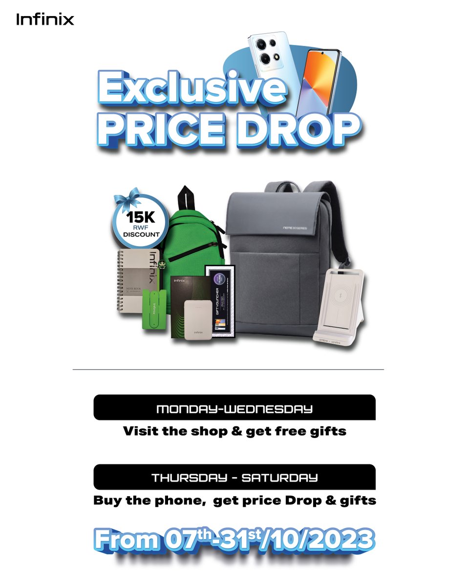 infinixrwanda's tweet image. 🛍️ Shop 'til you drop this Saturday! 🎉 Visit our store and receive amazing gifts just for stepping in! Plus, get a 15,000Rwf voucher for your next shopping spree. Don't miss out on the ultimate shopping experience! See you there! 💃🕺 #NOTE30Series #ExclusivePriceDrop