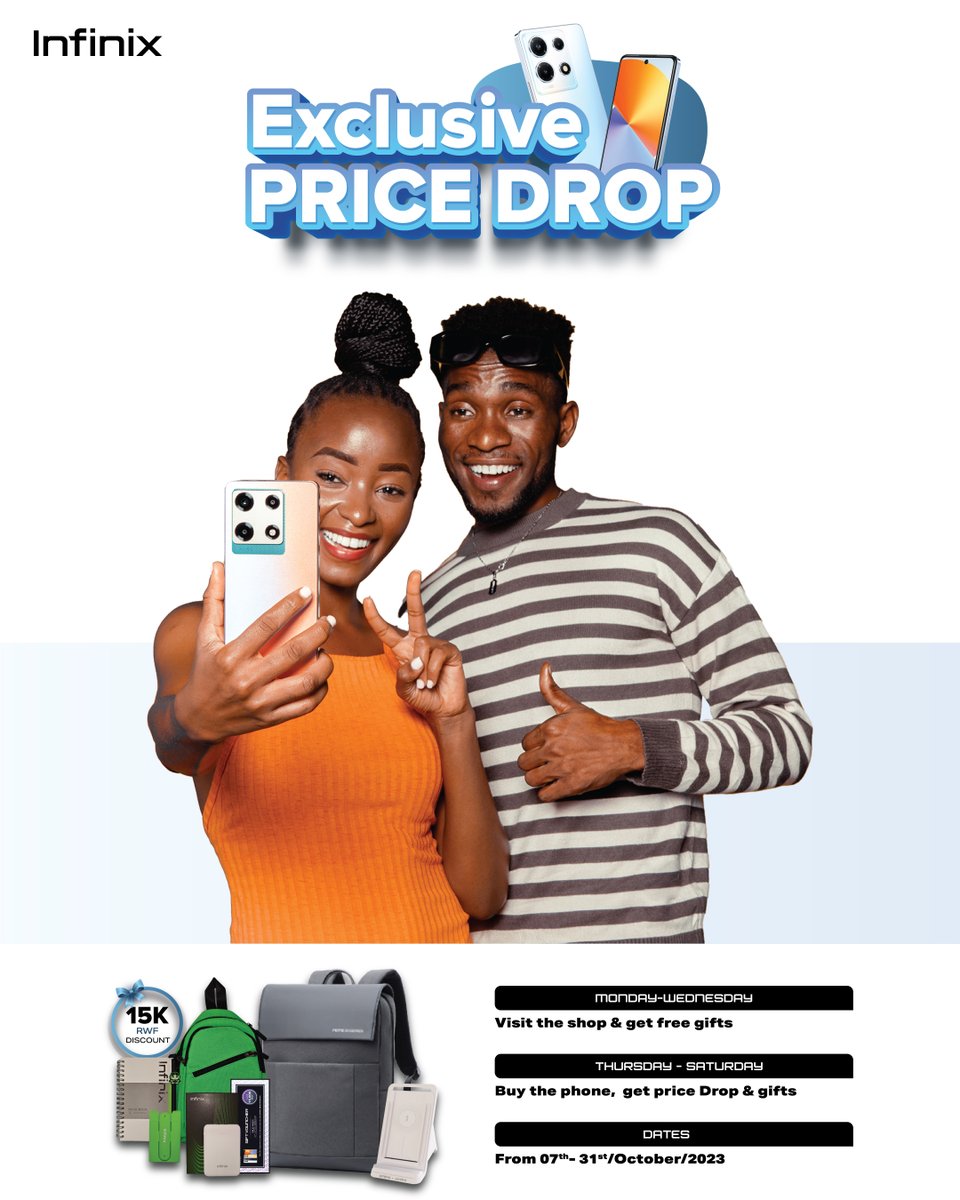 infinixrwanda's tweet image. 🛍️ Shop 'til you drop this Saturday! 🎉 Visit our store and receive amazing gifts just for stepping in! Plus, get a 15,000Rwf voucher for your next shopping spree. Don't miss out on the ultimate shopping experience! See you there! 💃🕺 #NOTE30Series #ExclusivePriceDrop