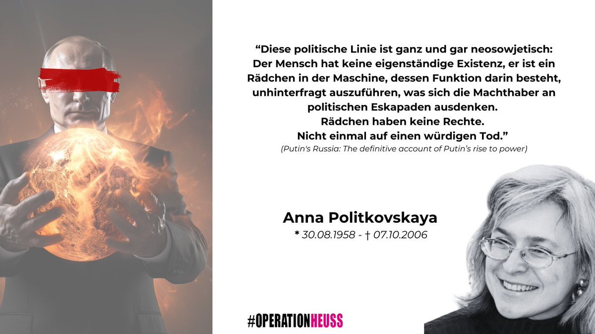 Heute gedenken wir der Journalistin #AnnaPolitkovskaya; ermordet vor 17 Jahren in Moskau, an Putins Geburtstag, weil er Angst vor ihr hatte. Ihr scharfer Blick enttarnte den „Killer im Kreml“, während andere blind waren. Sie bleibt ewige Inspiration & mutiges Vorbild. 🕯️