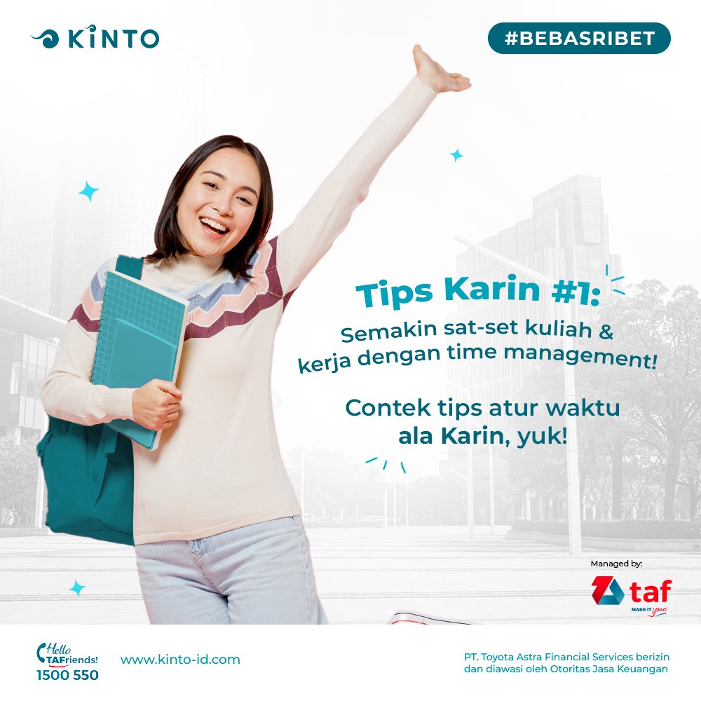 Kinto_Indonesia's tweet photo. Kegiatan boleh segudang tapi jangan sampai waktumu terbuang🥲
KINTO bisa jadi solusi ✨anti tua di jalan✨ buat kamu jadi lebih sat-set🏃♂️💨
Yuk, ikuti tips Karin dalam mengatur waktunya!
#KINTOID #KINTOSquad #BebasRibet #MobilitasAndalan #LanggananMobil https://t.co/V5VVmdFekF