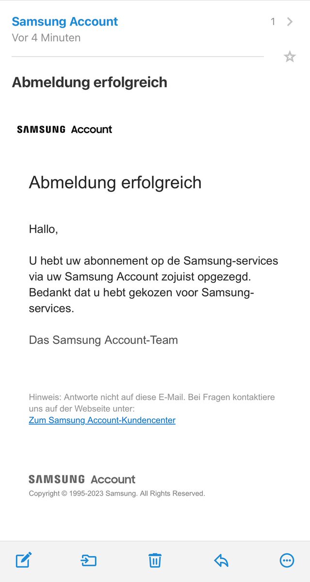 Nachdem ich in Deutschland 🇩🇪 keine Updates für mein SAMSUNG Galaxy bekam, das ich in England 🏴󠁧󠁢󠁥󠁮󠁧󠁿 und Irland 🇮🇪 als täglichen Begleiter hatte, habe ich nun meinen Account gelöscht und <a href="/SamsungDE/">Samsung Deutschland</a> verlassen. Die Bestätigung kam auf niederländisch 🇳🇱.  No comment.