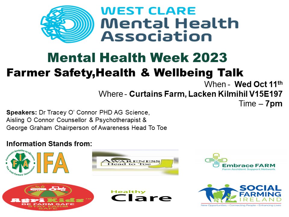 A great line up of speakers &amp; Displays from safety experts at this event on Lacken Farm Kilmihil Co Clare on Wednesday 11th October
All welcome!
#IFAmedia
#ICSA
#NationalDairyCouncil
#HealthyClare
#WestClareMentalHealth
#EmbraceFarm
#AwarenessHeadToToe