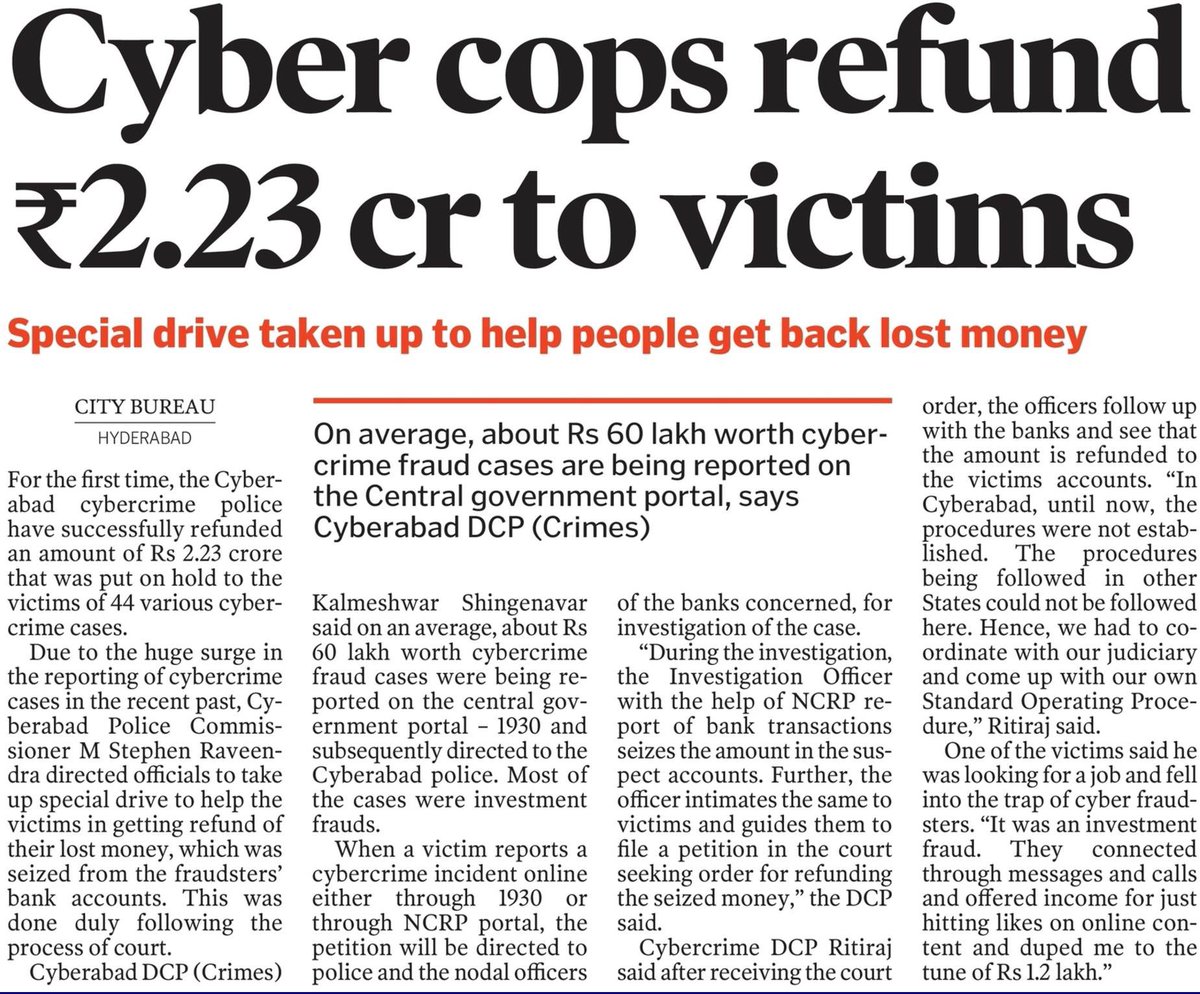 Cyberabad is the first police unit in the country to refund such huge amount to Cyber Crime victims. Hearty congratulations to @CPCyberabad and the team. It shows where there is a will there is a way. #TelanganaPolice @TSCSB_
