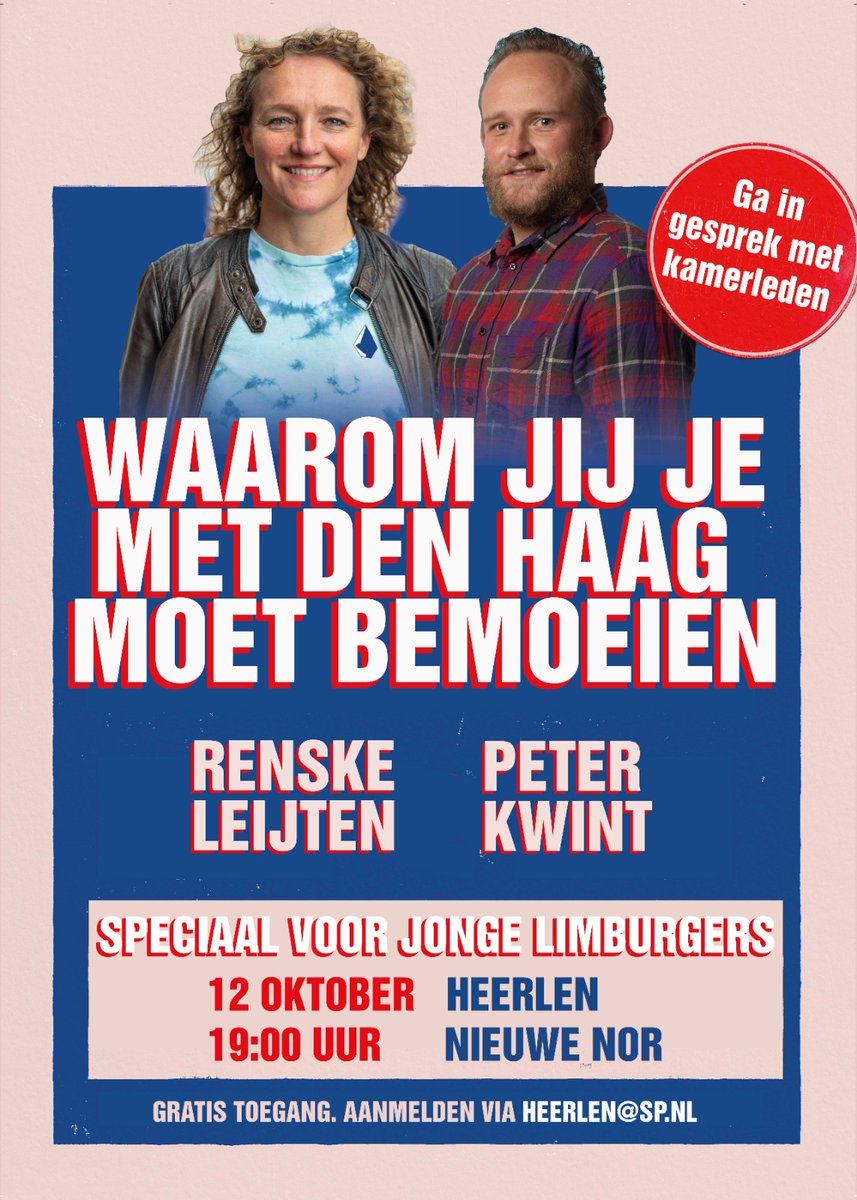 Aanstaande donderdagavond zijn <a href="/RenskeLeijten/">Renske Leijten</a> en <a href="/peterkwint/">Peter Kwint</a> in Heerlen! In de <a href="/NIEUWENOR/">poppodium NIEUWE NOR</a> gaan zij in gesprek met jonge Limburgers. Kom ook!