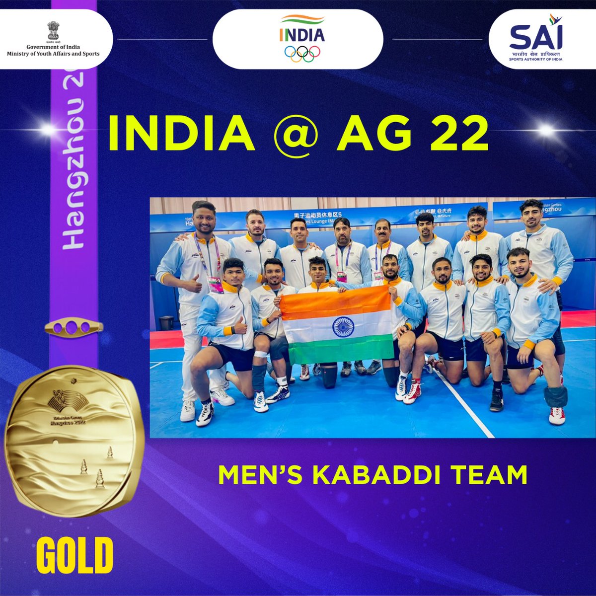 Media_SAI's tweet photo. 𝐖𝐇𝐀𝐓 𝐀 𝐌𝐀𝐓𝐂𝐇!!

A dramatic match between India and the defending champions, Iran, ends on our favour.

Our warriors gave a major fightback to end their campaign with the coveted GOLD🥇🌟 making it a double in Kabaddi🤩

It was a spectacular display of strength and strategy with a score of 33-29 🥳

#Cheer4India
#HallaBok
#JeetegaBharat
#BharatAtAG22