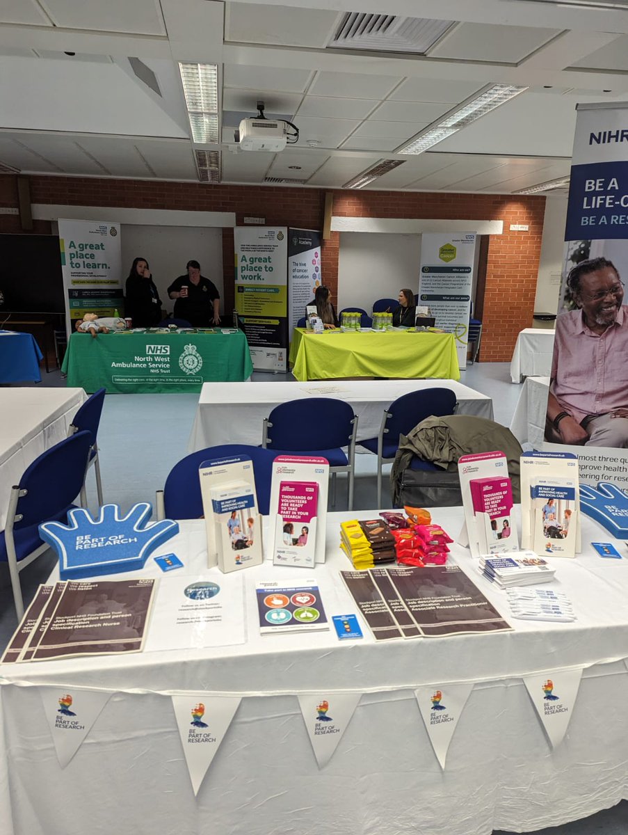 The research team are all set up for the recruitment fair over in Pinewood @StockportNHS come and see how you can help in research to make patient experience better and improve outcomes #researchmatters