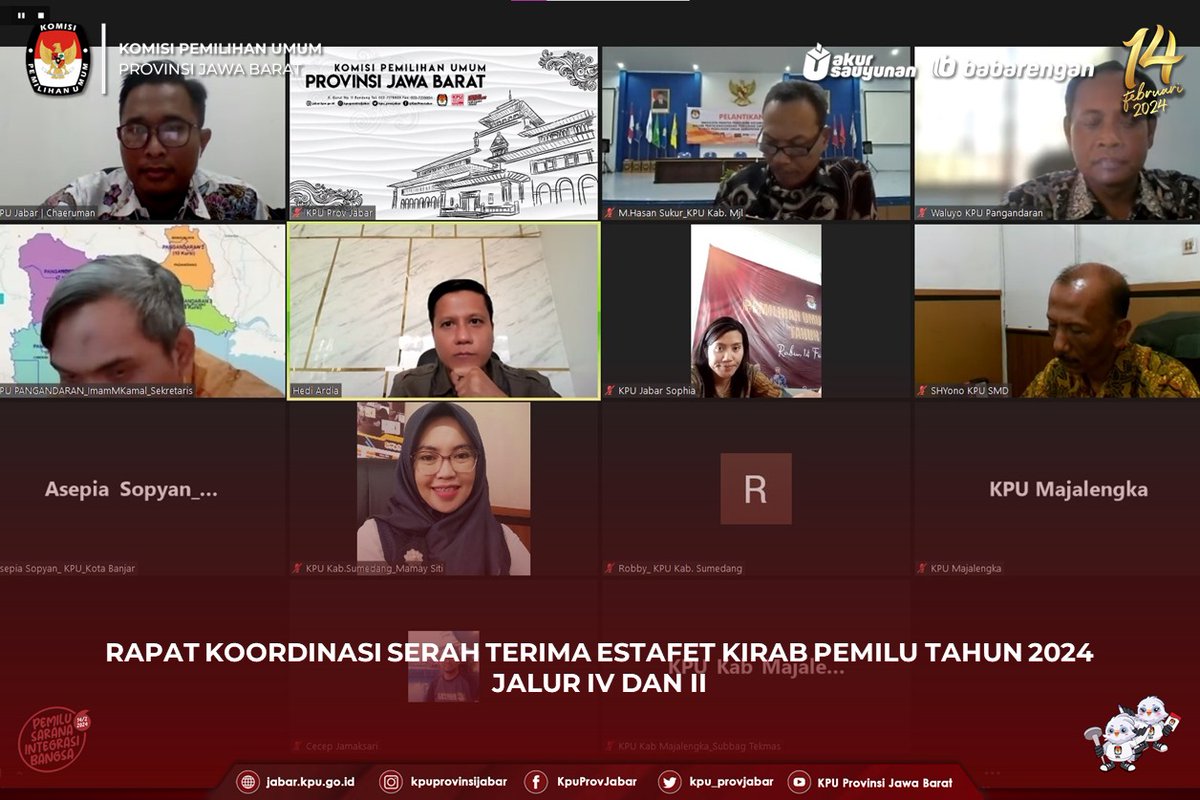 kpu_jabarprov's tweet photo. 1. #TemanPemilih, KPU Provinsi Jawa Barat melaksanakan Rapat Koordinasi Serah Terima Estafet Kirab Pemilu Tahun 2024 Jalur IV dan II secara daring. Jumat (6/10/2023).

Rapat dihadiri Ketua Divisi Sosialisasi, Pendidikan Pemilih, dan Partisipasi Masyarakat, Hedi Ardia dan... https://t.co/1hfuzuWkBL