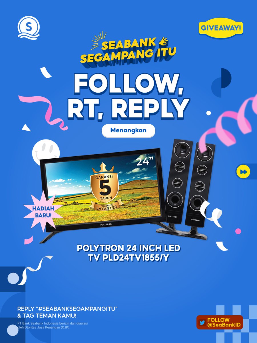 SeaBankID's tweet photo. 👌FOLLOW, RT, REPLY &amp; MENANGKAN PANASONIC TV!👌
GIVEAWAY #SeaBankSegampangItu!!

HADIAH BARU NIH! Yuk cek S&amp;K berikut:
1. FOLLOW Twitter @SeaBankID
2. RT &amp; REPLY "#SeaBankSegampangItu"
3. TAG TEMAN KAMU!

Cek Syarat &amp; Ketentuan lengkapnya di sini: https://t.co/a6V6iUQv2u https://t.co/SOUAu8rsef