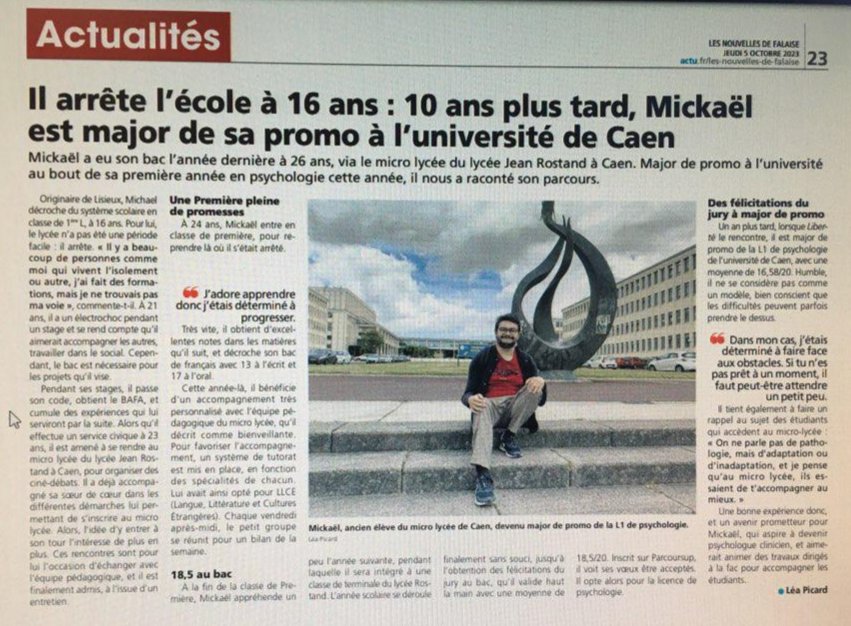 Des nouvelles d'un ancien du microlycée <a href="/ac_normandie/">Académie de Normandie</a>  <a href="/RegionNormandie/">Région Normandie</a> ....
.... qui nous font très plaisir.
Bravo pour cette belle réussite.