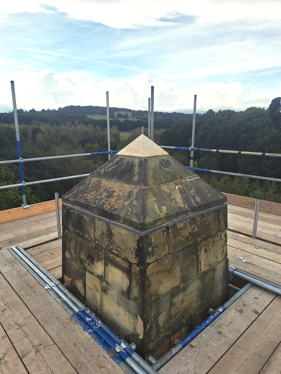 Stonework replacement at The Queen Ann Monument, Wentworth Castle. Topping out with a new apex stone,  289 years after the original one was fixed.