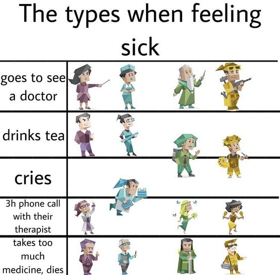 mbti_life's tweet photo. I always drink tea. Why would i go to the doctor if i never die anyways🙄
Pic created via: https://t.co/ZCn9aTJmFt
#MBTI #MBTI診断 #16Personalities #Memes #memesdaily
#ISTJ #ISFJ #infj #INFp #ESTJ #ESFJ #ENFJ #ENFP #ISTP #ISFP #INTJ #intp #ESTP #ESFP #Entj #ENTP https://t.co/wjOuGe3jOR