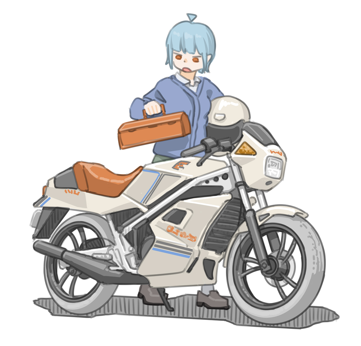 「朝出るときに鞄と間違えて工具箱を持ってきてしまった女子です。(スズキ RG50ガ」|きわみらい@バイクJKのイラスト描きのイラスト
