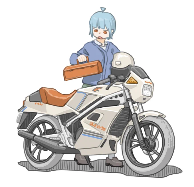 朝出るときに鞄と間違えて工具箱を持ってきてしまった女子です。(スズキ RG50ガンマ)#バイクJK#イラスト 
