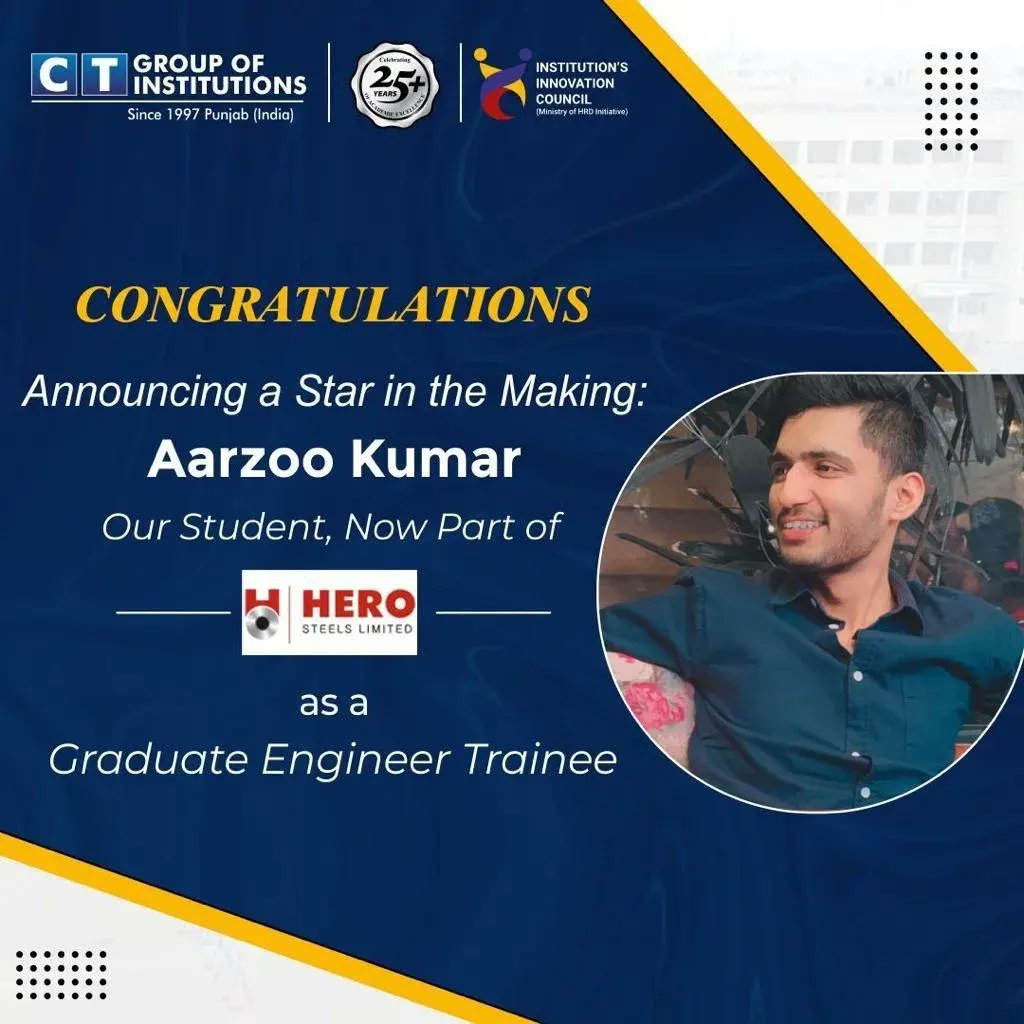 CT Group celebrates the success of Aarzoo Kumar and Amarjit Kumar Yadav, both now shining at HERO STEELS LIMITED as Graduate Engineer Trainees! 🌟 #CTGroup #bestcollege #bestplacement #campusplacement #herosteels #traines #shahpur #southcampus