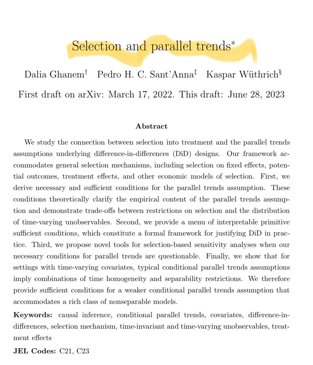 Hi #EconTwitter!

Using 𝐝𝐢𝐟𝐟𝐞𝐫𝐞𝐧𝐜𝐞-𝐢𝐧-𝐝𝐢𝐟𝐟𝐞𝐫𝐞𝐧𝐜𝐞𝐬 methods for 𝐜𝐚𝐮𝐬𝐚𝐥 𝐢𝐧𝐟𝐞𝐫𝐞𝐧𝐜𝐞? Worrying about the (in)famous 𝐩𝐚𝐫𝐚𝐥𝐥𝐞𝐥 𝐭𝐫𝐞𝐧𝐝𝐬  assumption?

Then, you should check out this amazing #econometrics paper by <a href="/DaliaAGhanem/">Dalia Ghanem</a>, <a href="/pedrohcgs/">Pedro H. C. Sant'Anna</a>