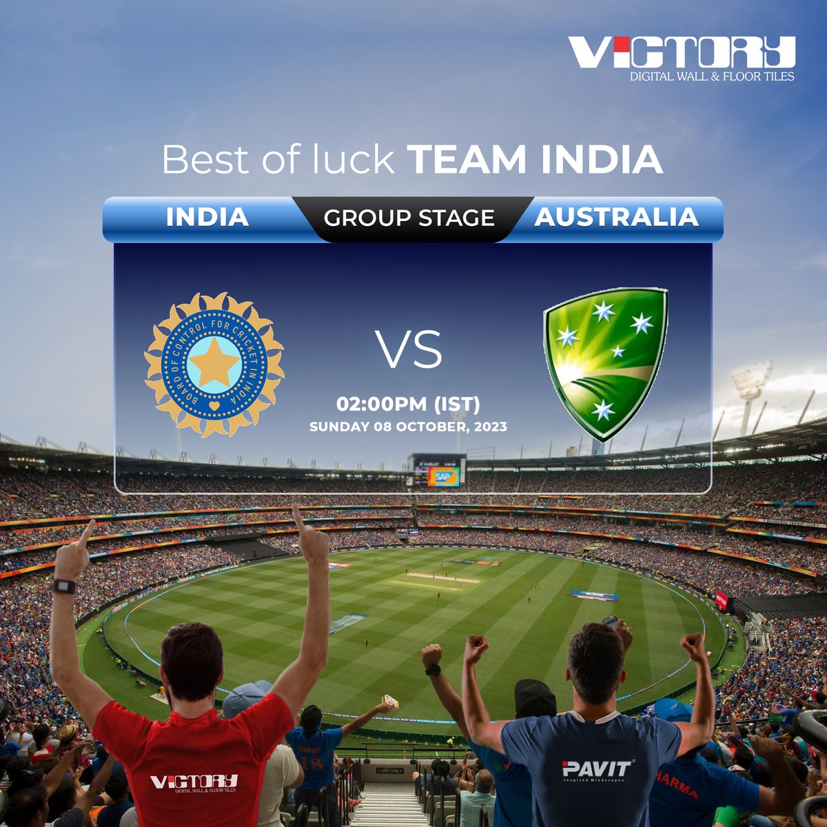victoryceratech's tweet photo. Wishing Team India all the luck and power as they gear up to take on Australia on 08/10/2023! 🇮🇳🏏 Let's roar with pride and support our champions to victory! 💪🔥 #TeamIndia #CricketFever #MatchDay #pavitceramics #vpjgroup #builders #cricketreels #cricket https://t.co/yCT7APY2WL