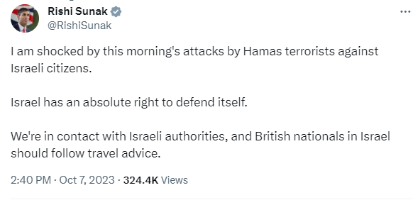 Bihar24News's tweet photo. UK PM @RishiSunak condemn the attacks by Hamas terrorists against Israeli citizens. Adding he support the @Israel states "an absolute right to defend itself. 
#IsraelUnderAttack 
#hamasterrorist https://t.co/ABD6kRnrDS