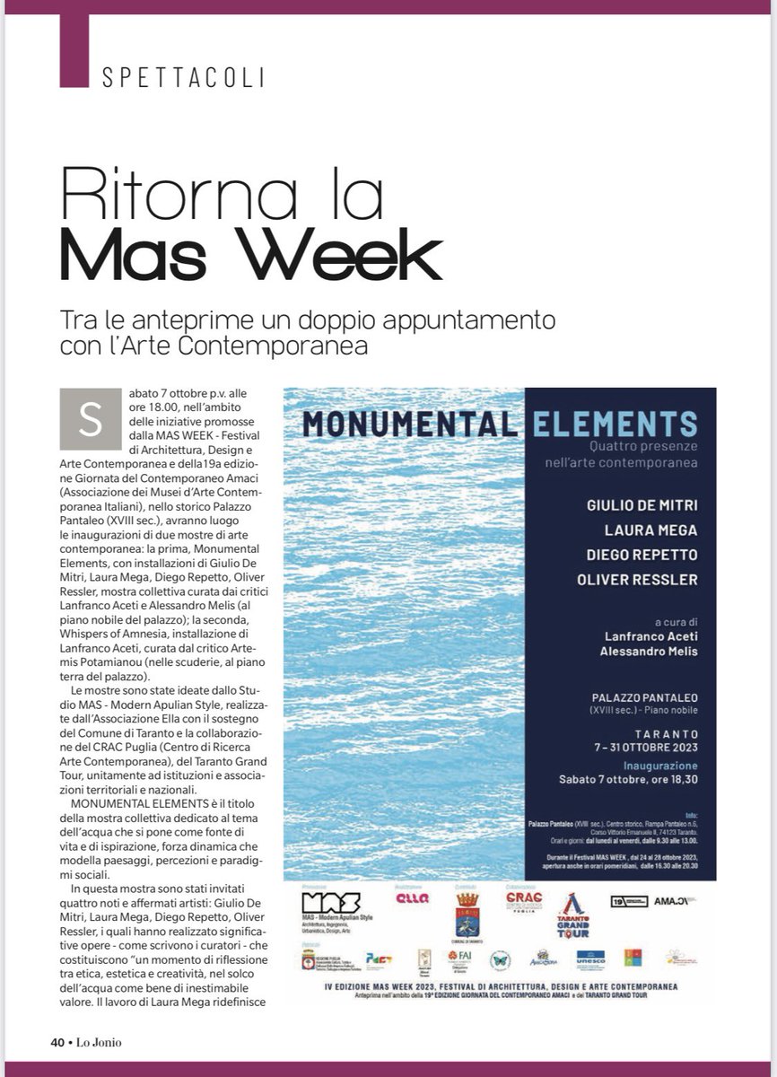apulianstyle's tweet photo. Oggi siamo sul settimanale #LoJonio, si parla dell’anteprima di alcune Mostre di #ArteContemporanea che si terranno all’interno della #MASWEEK2023.
Inaugurazione oggi alle 18:30 presso Palazzo Pantaleo a #Taranto. https://t.co/K4r3Uei8RR