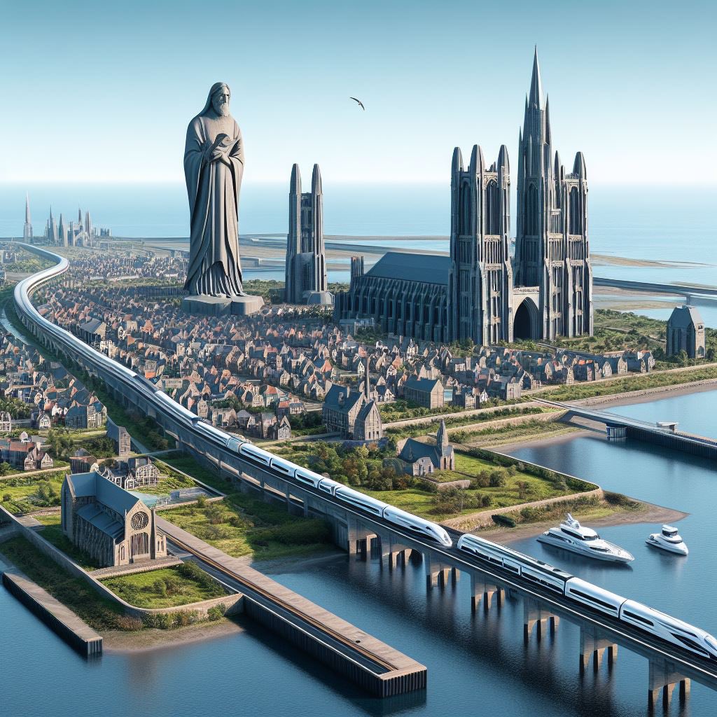 TomBFlanagan's tweet photo. The City of Lindisfarne, after extensive reclamations, with the Cathedral and Colossus of St Aidan, c. 2060 https://t.co/nWrXkCHpa9