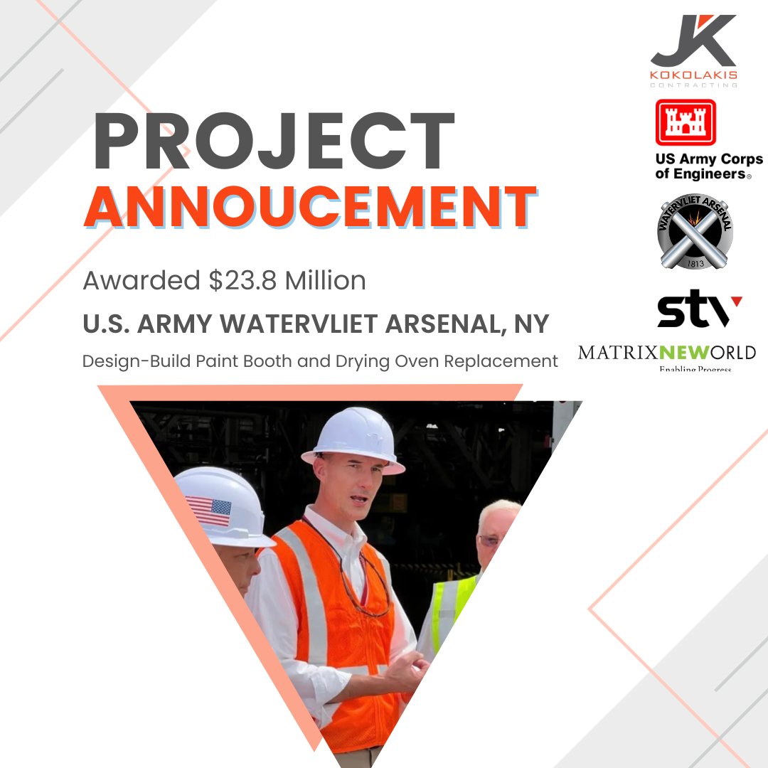 The U.S. Army Corps of Engineers, New York District, has awarded Kokolakis Contracting with a $23.8 million dollar project: Design-Build Paint Booth and Drying Oven replacement project at the U.S Army Watervliet Arsenal!
@watervliet_arsenal @usaceny @stv_inc <a href="/matrixneworld/">MATRIXNEWORLD</a>