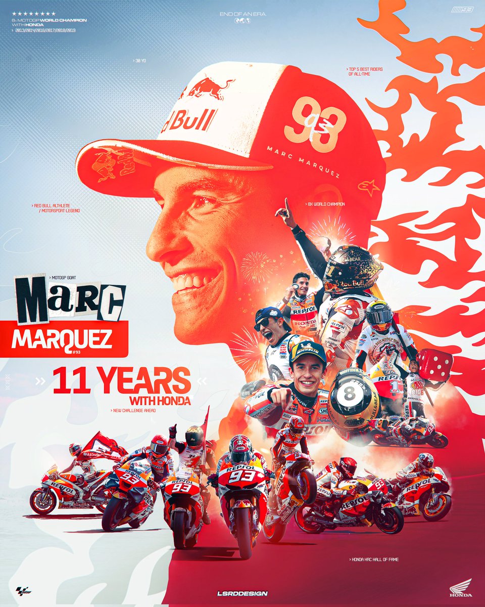 lilian_lsrd's tweet photo. End of an era.

@marcmarquez93 leaves @HRC_MotoGP after 11 years together, and I had to do a tribute poster.

This man is for a lot of us the best @MotoGP rider of all-time, and it is for a reason. Can't wait to see what 2024 brings.

📷 @RBContentPool 
-
@redbullmotors #MotoGP https://t.co/XYhjD6pkN0