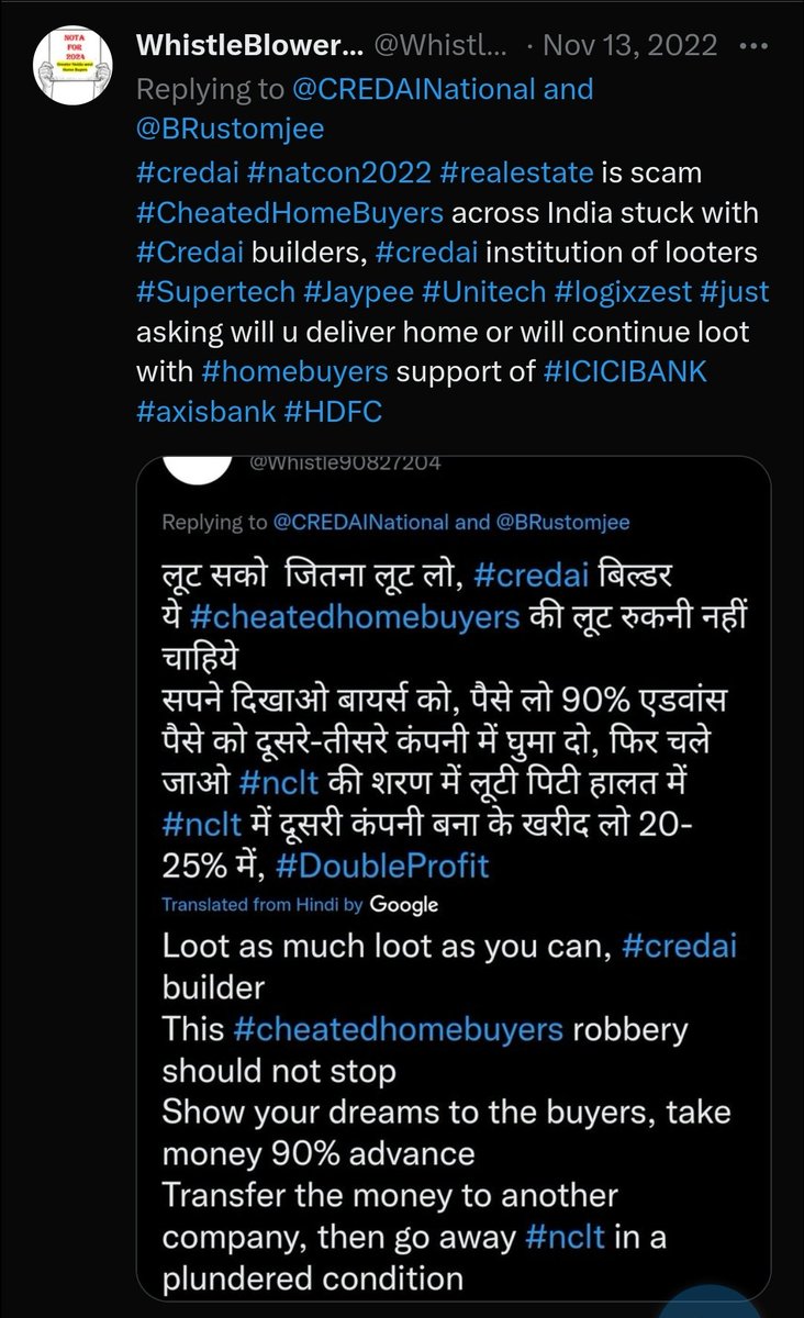 Whistle90827204's tweet photo. @Shwetabharti22 @narendramodi @PMOIndia @myogiadityanath @CMOfficeUP @yadavakhilesh @yadavtejashwi @raghav_chadha @pankhuripathak @anil100y @RahulGandhi @JaikyYadav16 @SinghKinngSP Loot of #HomeBuyers across #India by #CREDAI Builders #Supertech #Unitech #Jaypee #Amrapali #Mantri &amp;many more with banks #ICICIBank #AxisBank #HDFCBank 
#RBI #NHB silent on orgnised loot of #middleclass tax paying citizens.
#KabMilegaApnaGhar 
#KabHogiRegistry https://t.co/8baUYQb64d